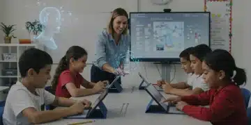 K-12 students engaged with AI education tools in a classroom