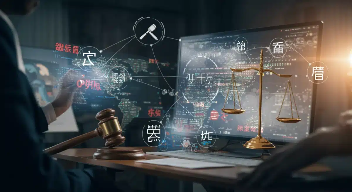 Digital copyright enforcement symbols over foreign content on screens, showing legal reach.