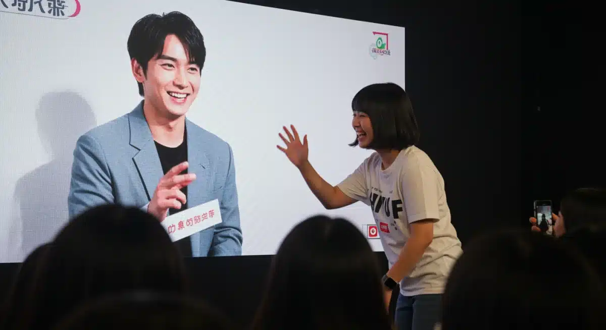 Fan enthusiastically interacting with a dorama star during a virtual event