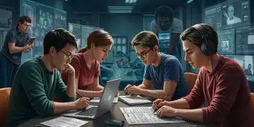 Diverse fan subtitlers collaborating on screens with legal documents, representing new copyright laws.