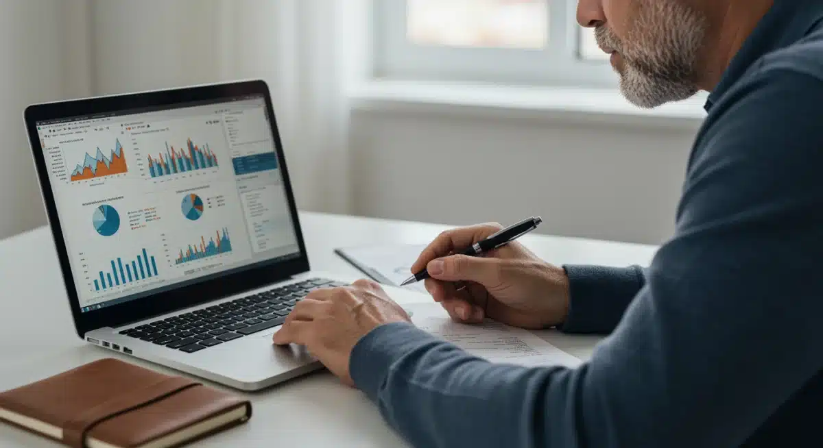 Person reviewing 401(k) statements and financial charts on a laptop.