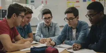 High school students collaborating on a digital project in a modern classroom, symbolizing new curriculum standards across US states.