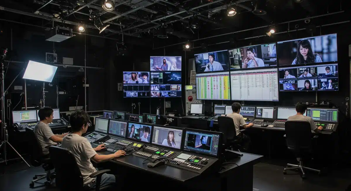 Modern J-Drama production studio control room with crew