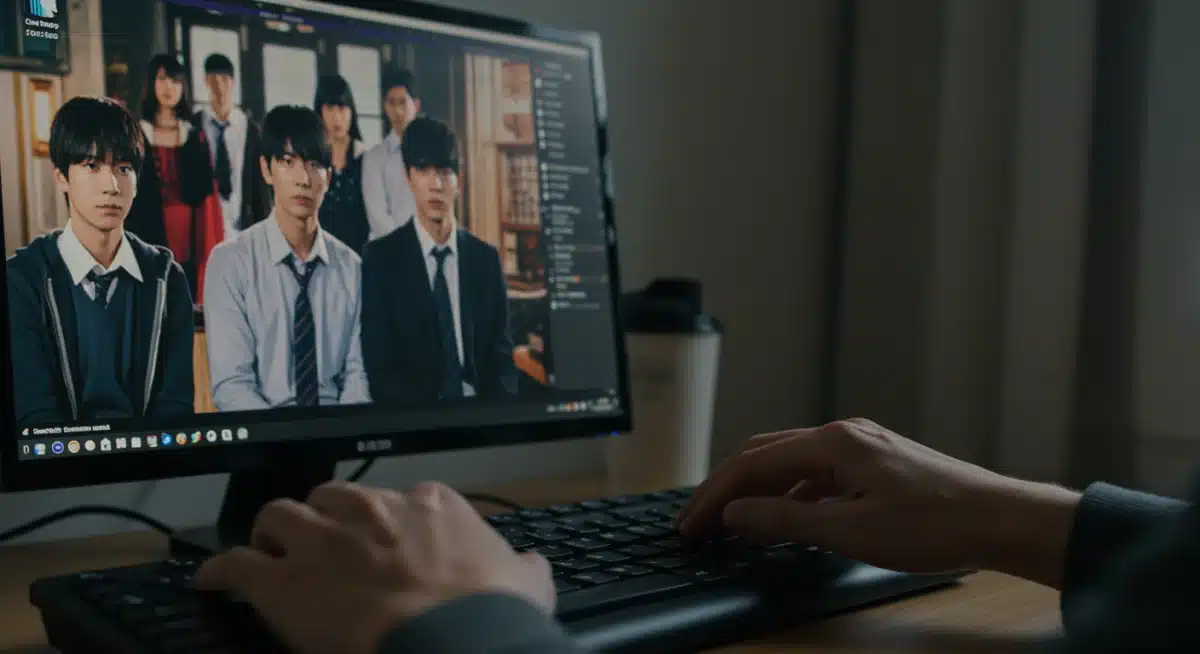Hands typing on keyboard, engaging in dorama fan forum online.