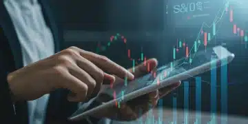 Financial charts and S&P 500 ticker on a digital display, representing Q1 2025 ETF performance analysis.
