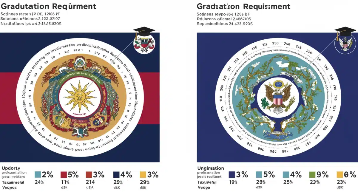 Infographic comparing state flags and diverse high school graduation requirements, highlighting policy variations.