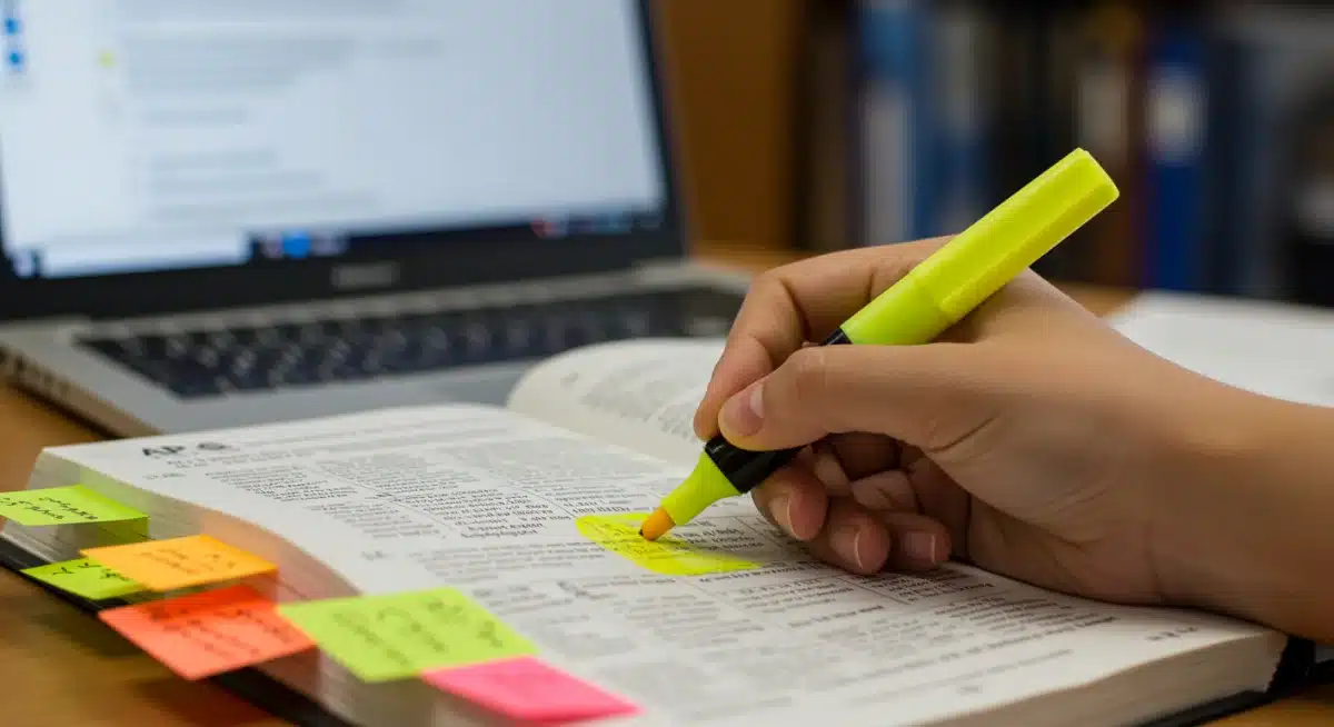 Student highlighting key concepts in an AP history textbook