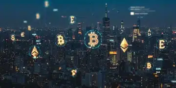 Futuristic city with digital currency symbols and regulatory data streams
