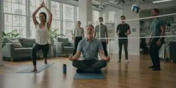 Employees participating in diverse wellness activities in a modern office