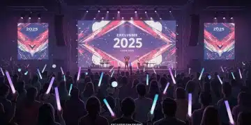 Fans enthusiastically attending an exclusive fan club event in 2025, enjoying a concert with vibrant lights and a large screen.
