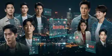 Futuristic dorama streaming interface with various Asian drama scenes