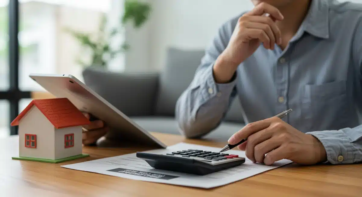 Homeowner assessing mortgage refinancing options with a calculator and documents