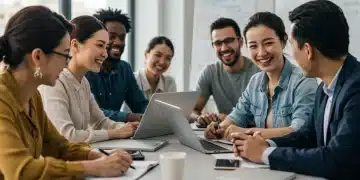 Teachers actively participating in a modern professional development workshop, collaborating and learning new skills.