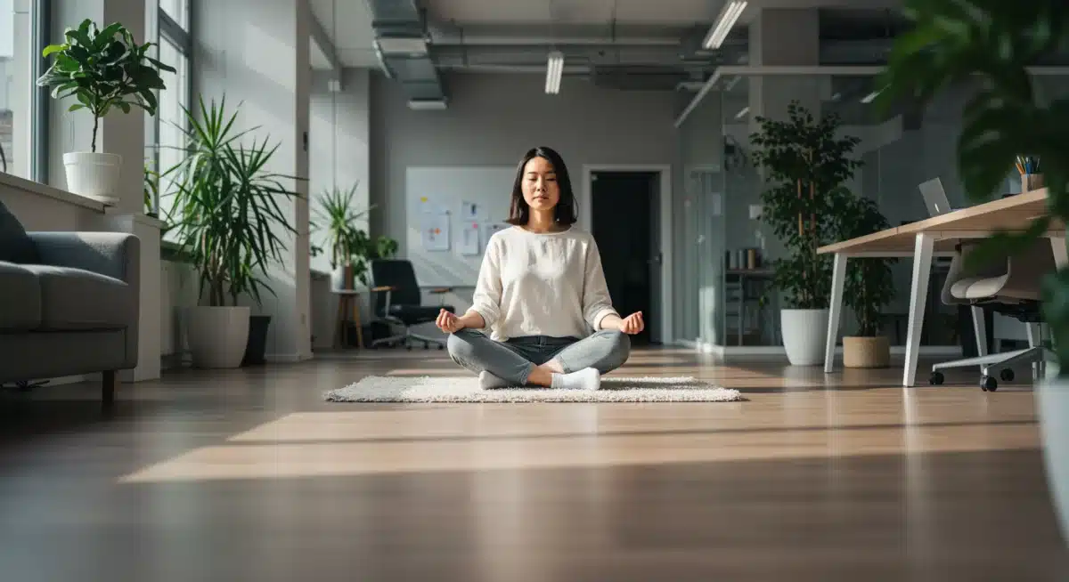 Employee practicing mindfulness meditation in a quiet office area