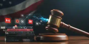 Stylized gavel over Asian drama media, symbolizing 2026 US copyright law impact on fan translations.