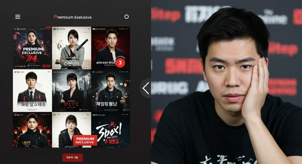 Exclusive content badges on Asian dramas and frustrated viewer