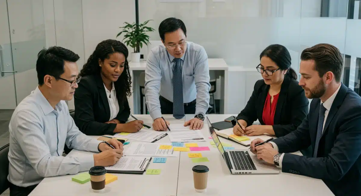 Diverse group discussing disability insurance policy documents