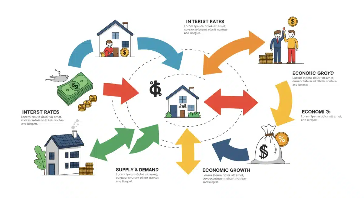 Infographic detailing interconnected factors influencing the housing market.