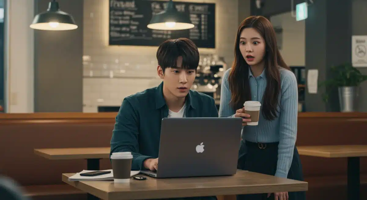 First look at production still from Pixel Perfect Love, featuring actors in a modern cafe setting.