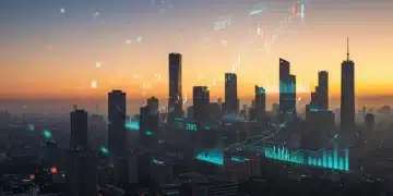 Futuristic skyline with digital financial projections for 2025 investment landscape.