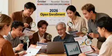 People reviewing 2026 open enrollment benefits on laptops and brochures