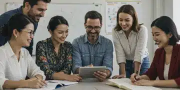 Adult learners collaborating in a modern classroom, symbolizing educational assistance benefits