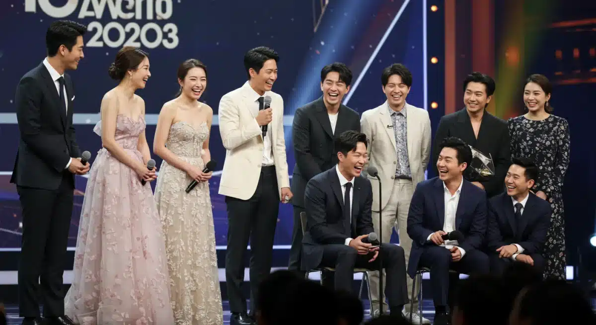 Diverse dorama actors from Korea, Japan, Thailand celebrating on stage