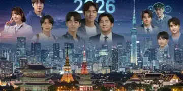 Futuristic collage of Korean, Japanese, and Thai dorama elements for 2026 releases