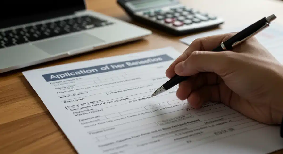 Hand filling out an educational benefits application form with pen, calculator, and laptop