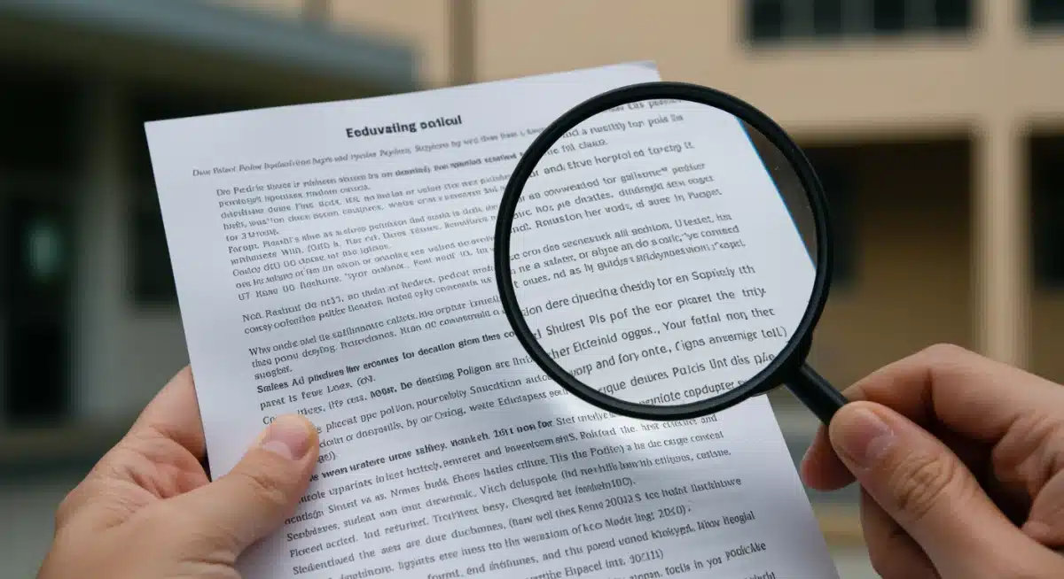 Magnifying glass examining federal education policy documents, signifying policy analysis.