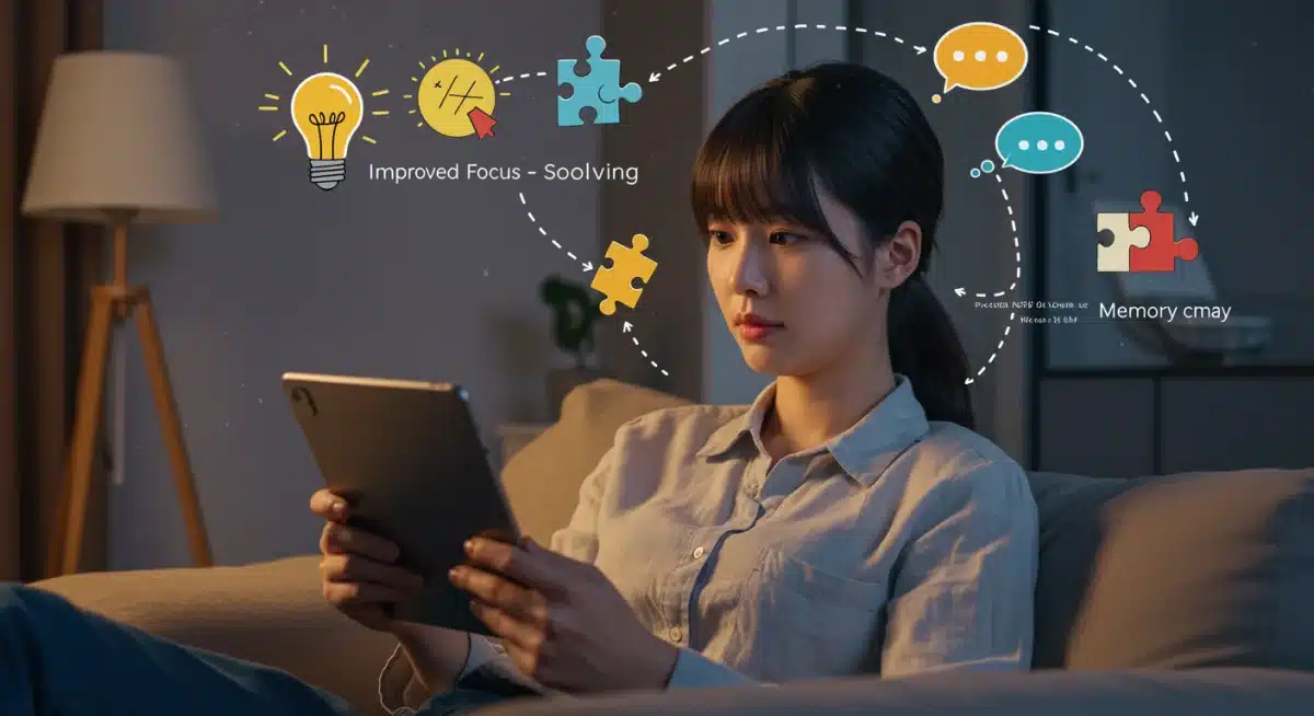 Person watching K-drama, surrounded by visual representations of enhanced cognitive functions like focus and problem-solving