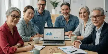 Group of people happily planning retirement finances for 2025, reviewing 401k strategies.