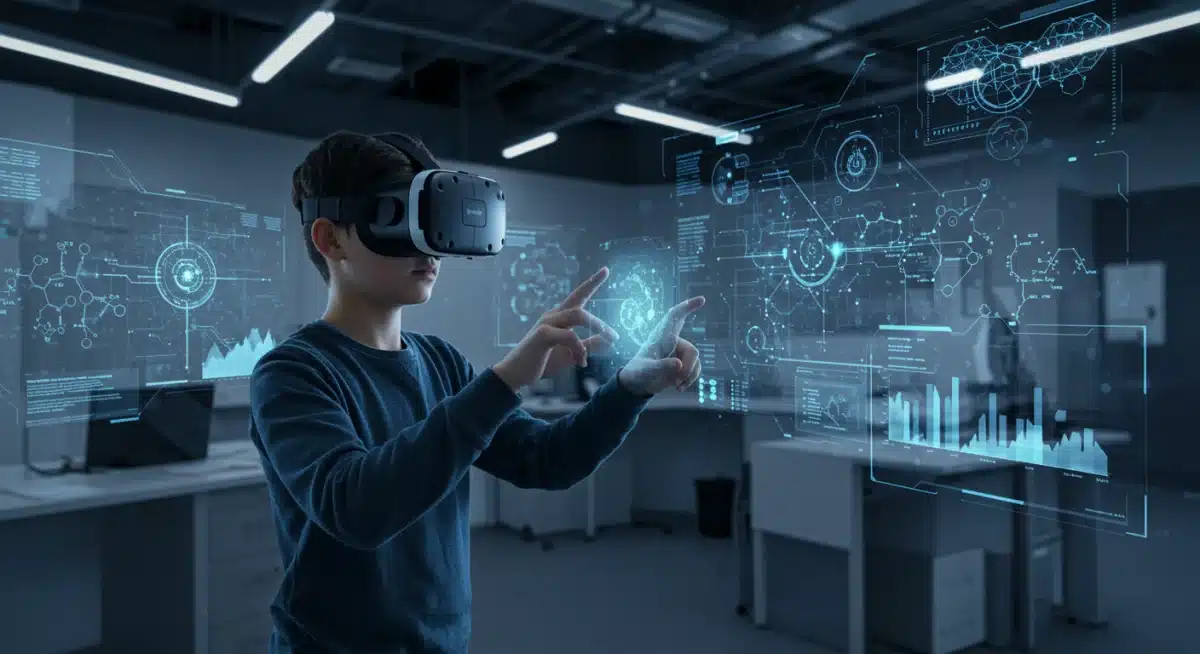 Student engaged in virtual reality scientific simulation for immersive learning.