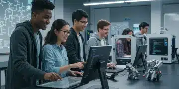 Students collaborating on a robotics project in a modern STEM classroom, learning future tech skills.