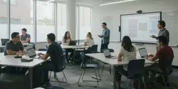 Students engaged in a blended learning environment with technology and peer interaction.