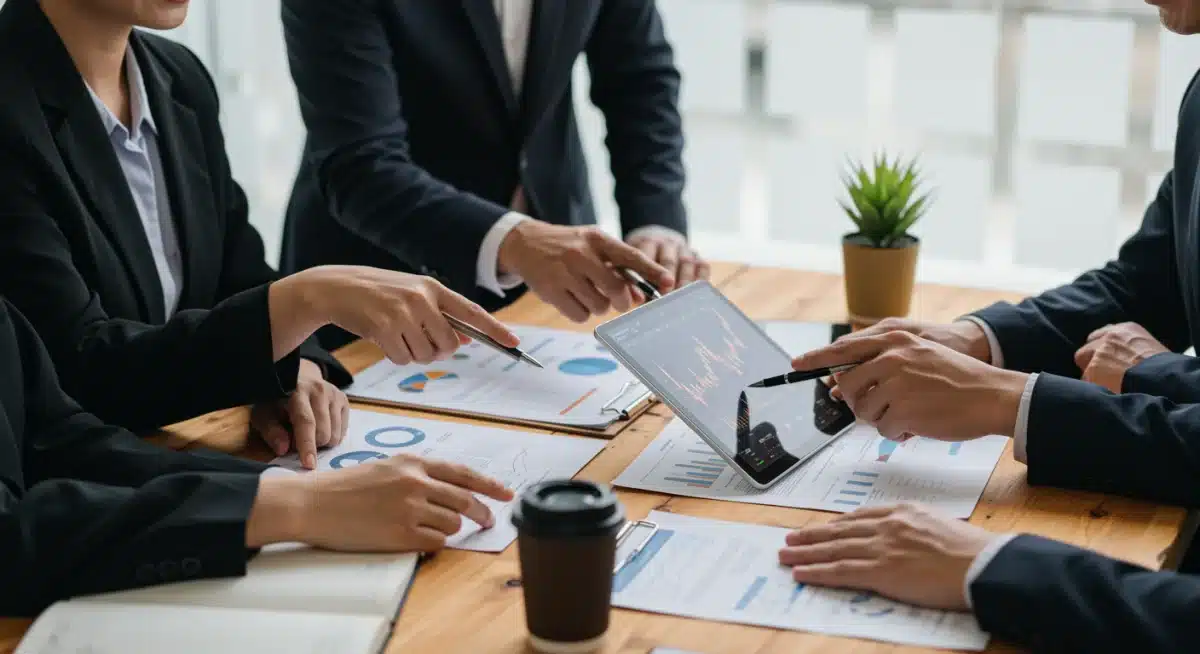 Diverse investors discussing diversified investment portfolios and market data.