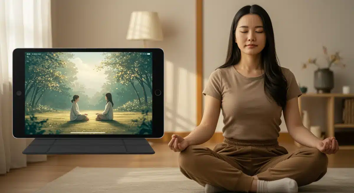 Individual finding peace and stress relief through dorama meditation.