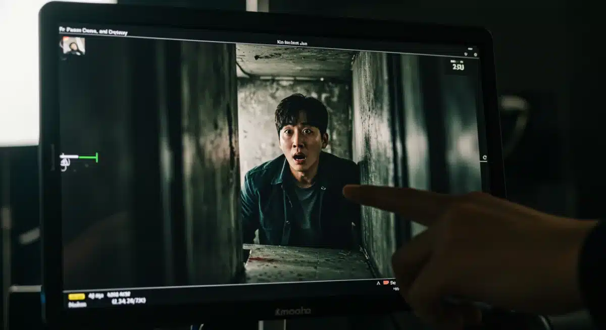 Director Kim Min-jun reviewing a scene from 'Urban Legends' on a monitor.