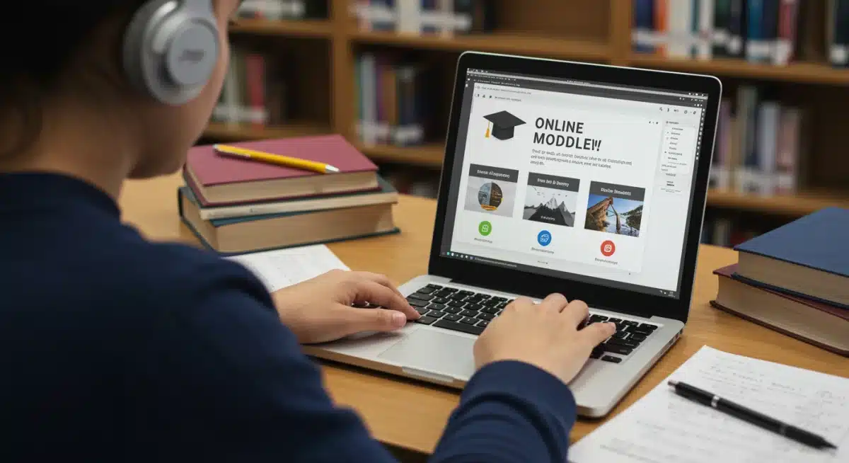 Student deeply engrossed in online learning with traditional study materials.