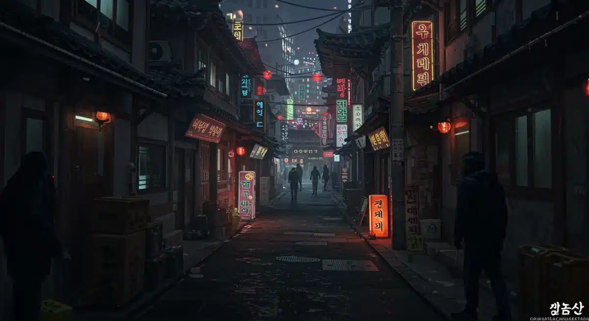 Concept art for the Urban Legends series showing a dark Seoul alley.