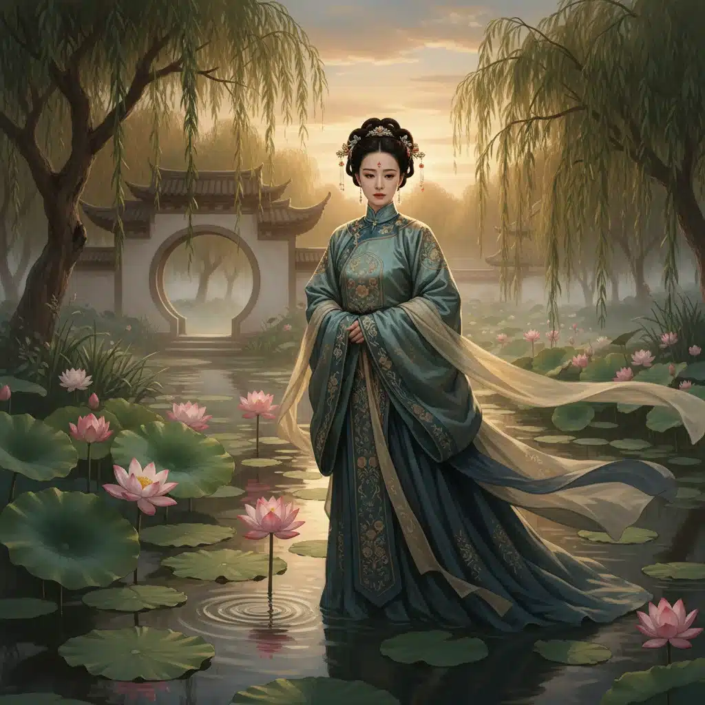 Female lead actress in elegant historical gown, by a lotus pond