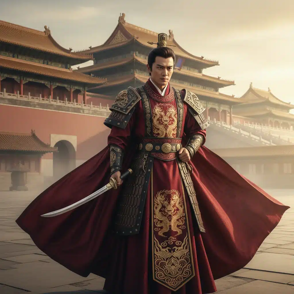 Male lead actor in historical military robes, looking determined