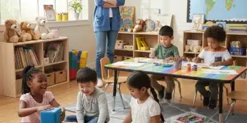 Children learning and playing in a vibrant pre-kindergarten classroom, symbolizing universal early education access