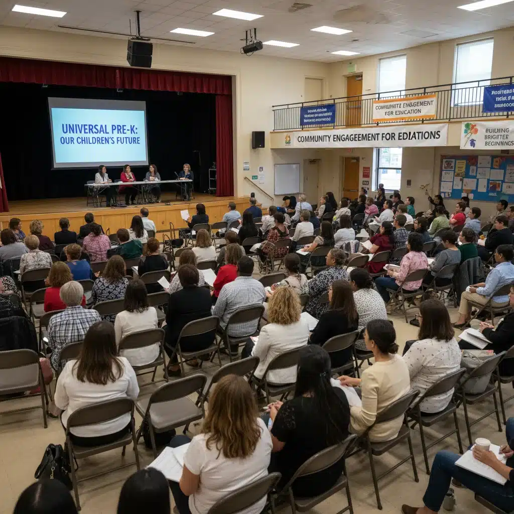 Parents and educators discussing universal pre-kindergarten at a community meeting
