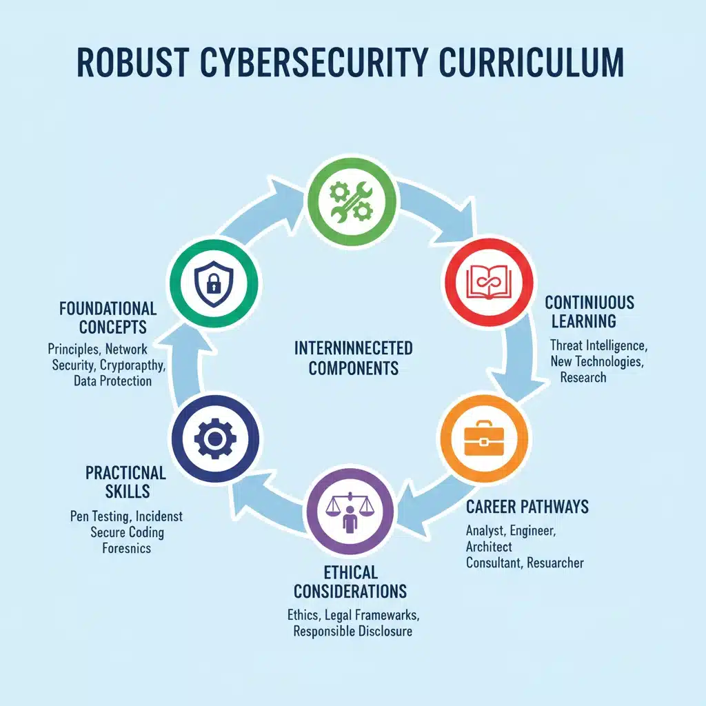 Infographic detailing key components of a robust cybersecurity curriculum.