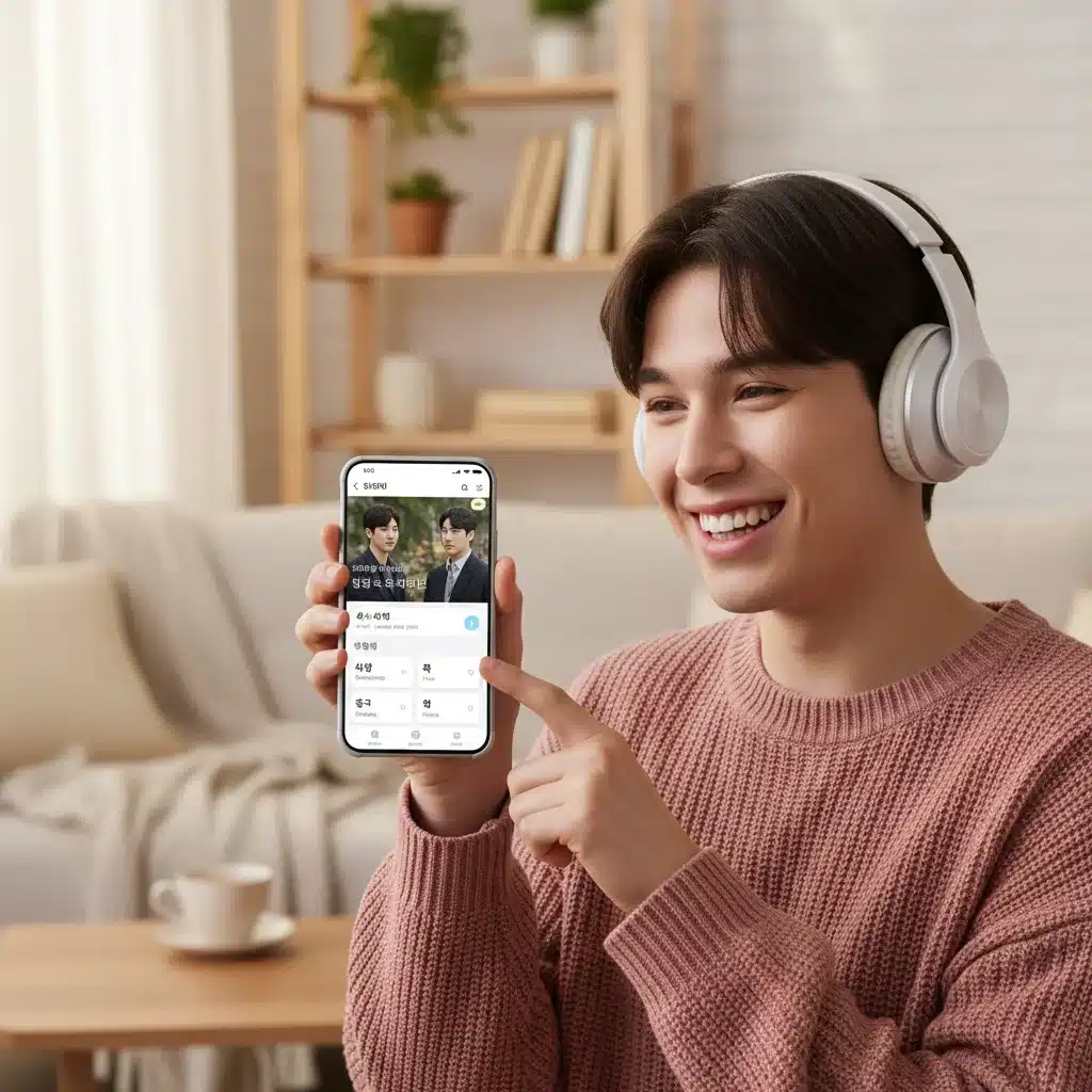 Person using a language learning app with dorama clips on a smartphone, enjoying the process.