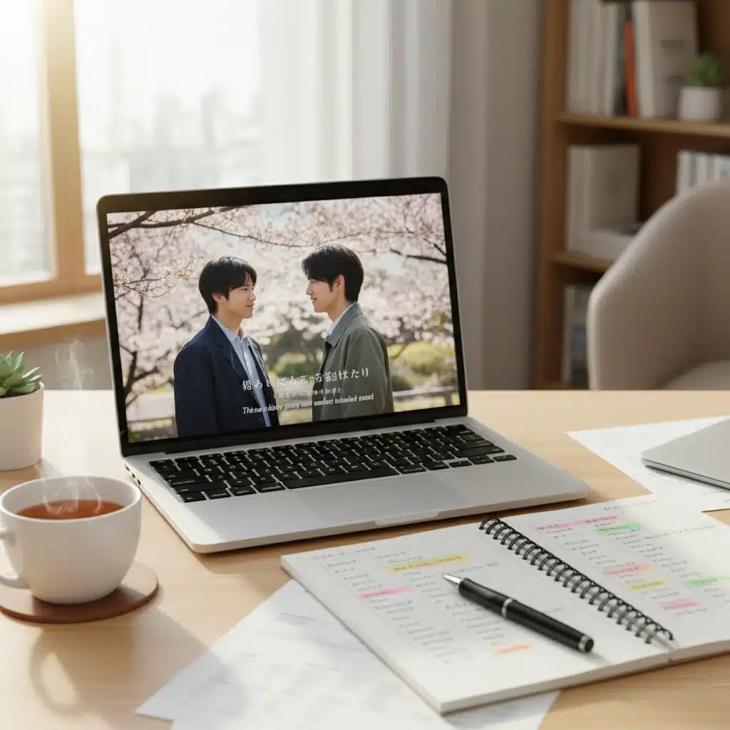 Study setup with laptop showing dorama, dual subtitles, and a vocabulary notebook.