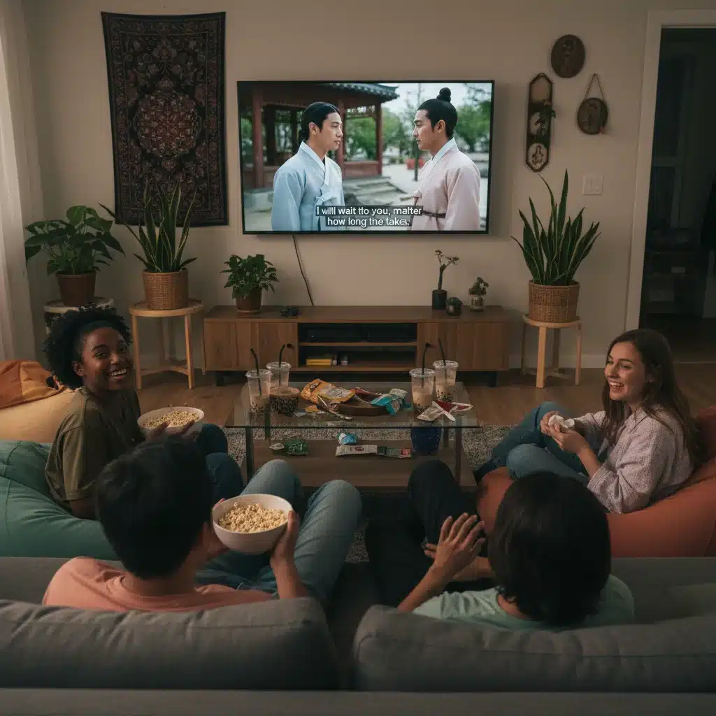 Diverse audience watching Asian drama with subtitles, global appeal