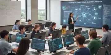 High school students learning cybersecurity concepts in a modern classroom.
