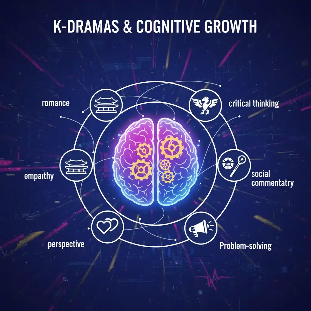 Infographic illustrating cognitive benefits of Korean dramas on critical thinking and empathy.
